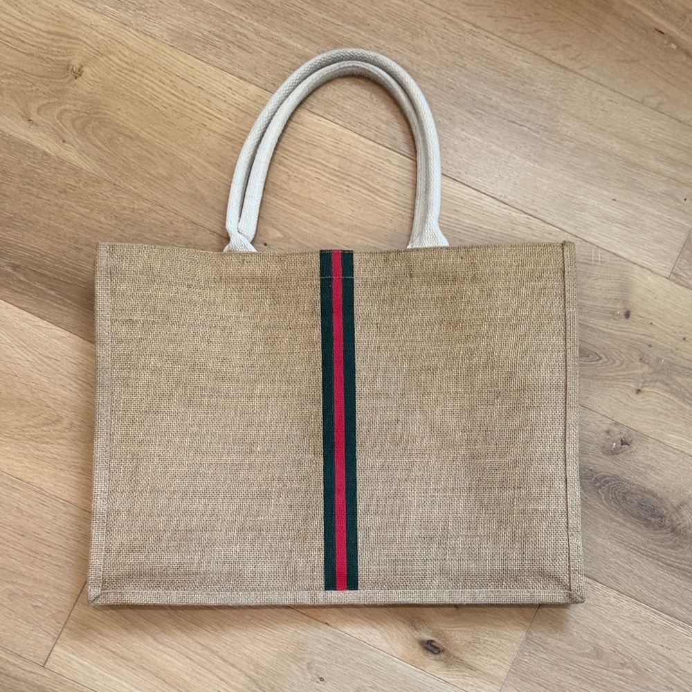 Neutral Jute Tote Bag with Green and Red Stripe